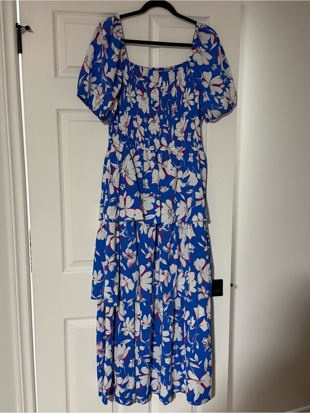 Blue Floral Tiered Midi Dress